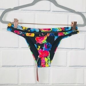 PilyQ Floral Black Net Trim Bikini Bottom Small